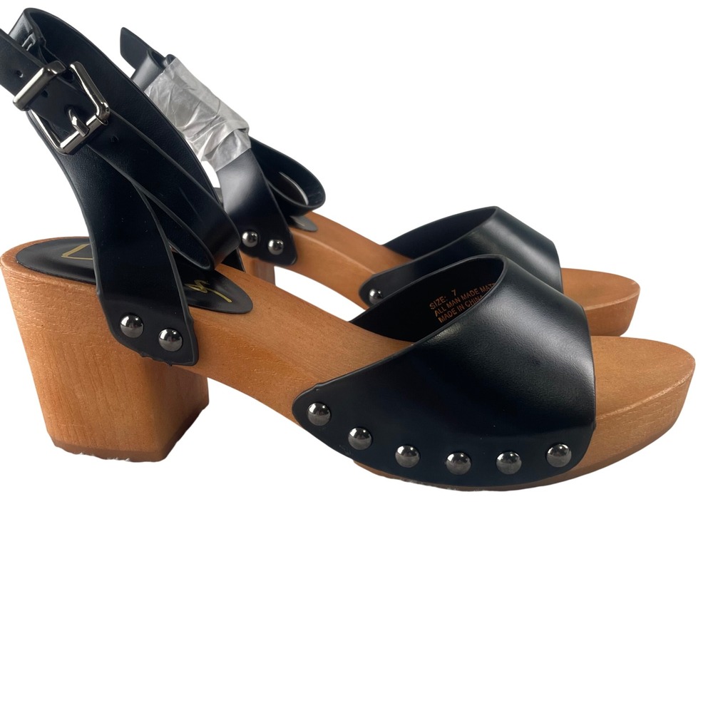 Lulus Black Studded Wooden Platform Sandals Ankle Strap Clog Heels Womens 7